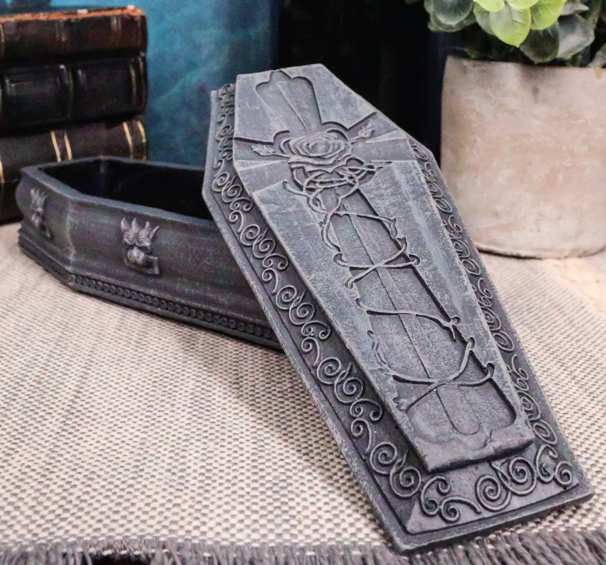 Gothic Gargoyle With Twisted Rose Vine Cross Coffin Jewelry Box Figurine 6"Long