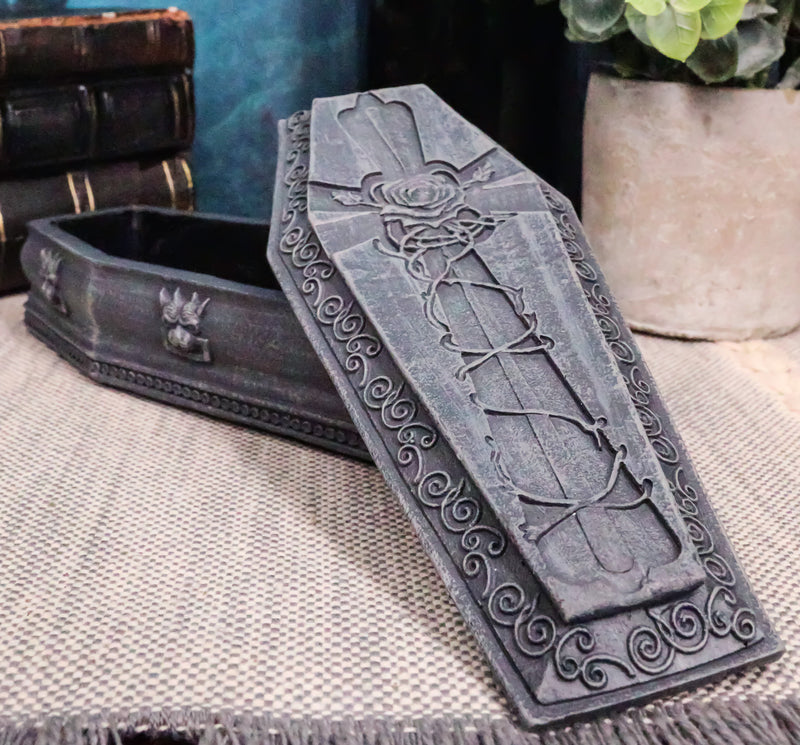 Gothic Gargoyle With Twisted Rose Vine Cross Coffin Jewelry Box Figurine 6"Long