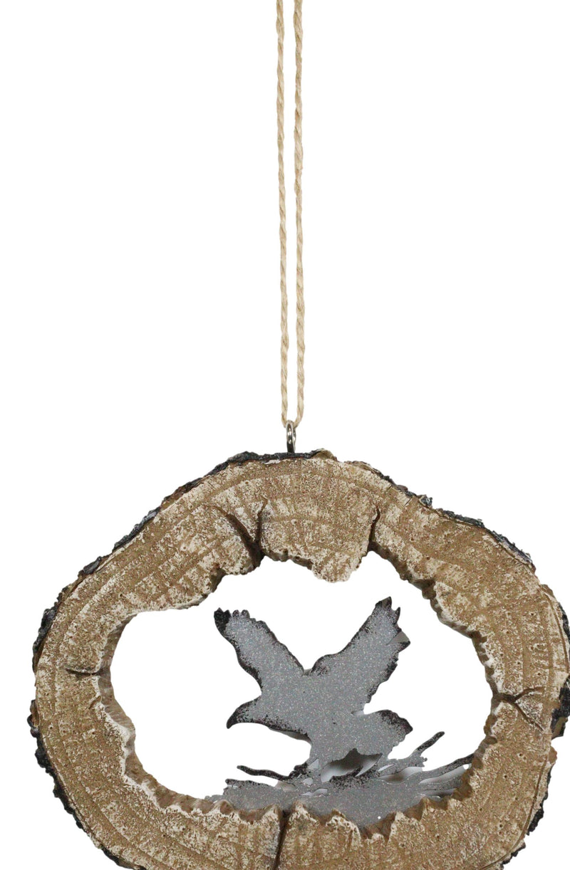 Rustic Western Bald Eagle Faux Wood Log Slice Set of 4 Christmas Tree Ornaments