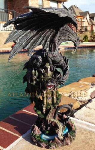 Ebros Large 23.5" Tall Black Dragon Guarding Castle Atop A Rocky Cliff Statue - Ebros Gift