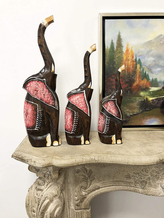 Balinese Wood Handicrafts Large Abstract Jungle Pink Elephant Figurine Set 20"H