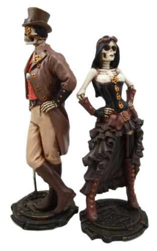 Ebros Gift Steampunk Skeleton Lady & Gentleman Couple Figurine Skeleton Detective Inspector Sculpture Set of 2