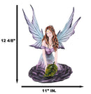Large Whimsical Purple Rose Fairy With Large Leaf Kneeling On Flower Figurine