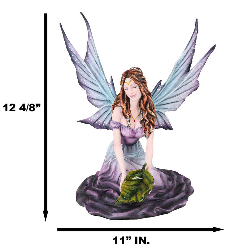 Large Whimsical Purple Rose Fairy With Large Leaf Kneeling On Flower Figurine