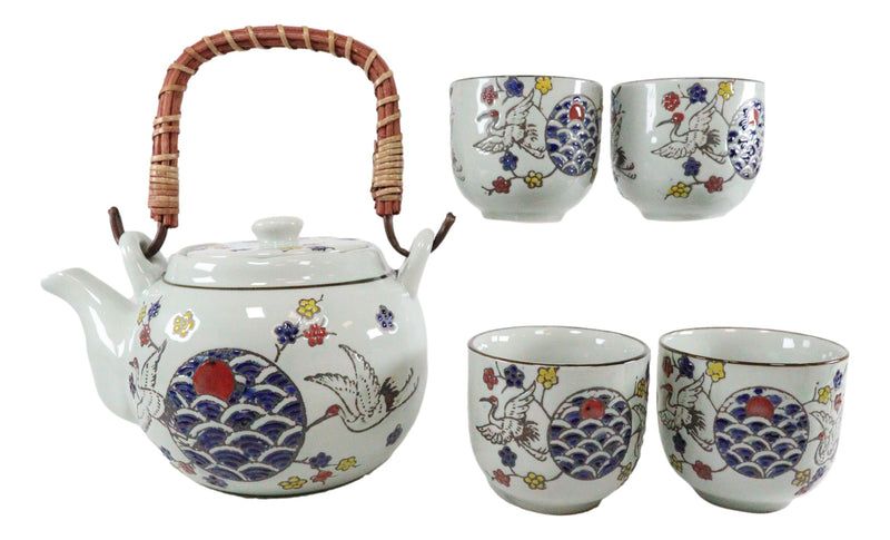 White Storks Cherry Blossom Red Moon Night Sky Ceramic Teapot And 4 Tea Cups Set