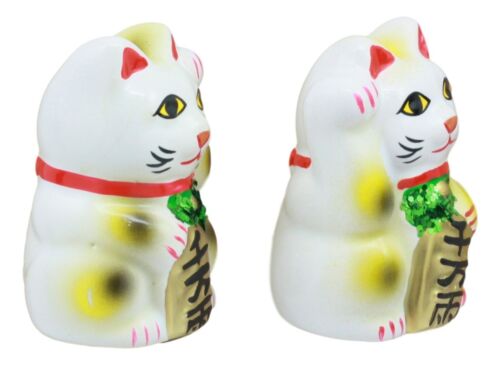 Ebros Japanese Luck and Fortune Charm White Beckoning Cat Maneki Neko Ceramic Figurines Set of 2 with Right and Left Paws Feng Shui Lucky Energy Cats Collectible Statues