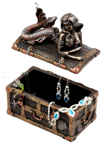 Bronzed Mermaid Nerida Resting On Sunken Treasure Jewelry Box Figurine 5.25"L