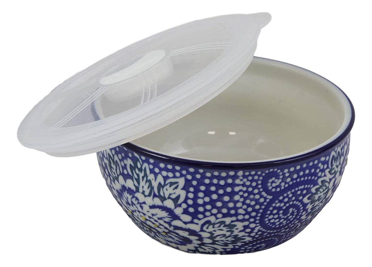 Ming Style White Blue Floral Design Ceramic Meal Lunch Storage Bowl With Lid - Ebros Gift