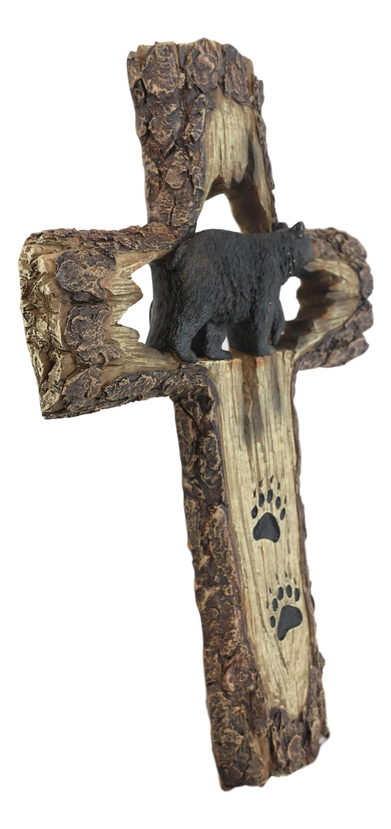 Rustic Western Black Bear With Paw Prints Faux Wood Wall Cross Decor Plaque