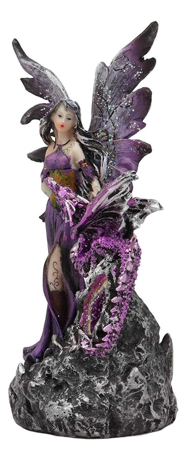 Purple Fairy With Dragon Sitting On LED Crystal Geode Night Light Statue Decor - Ebros Gift