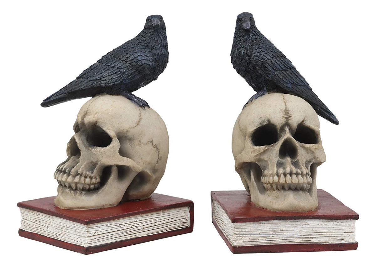 Ebros Raven Crow Perching On Skull with Ancient Book Bookends Set 7.5" Tall - Ebros Gift