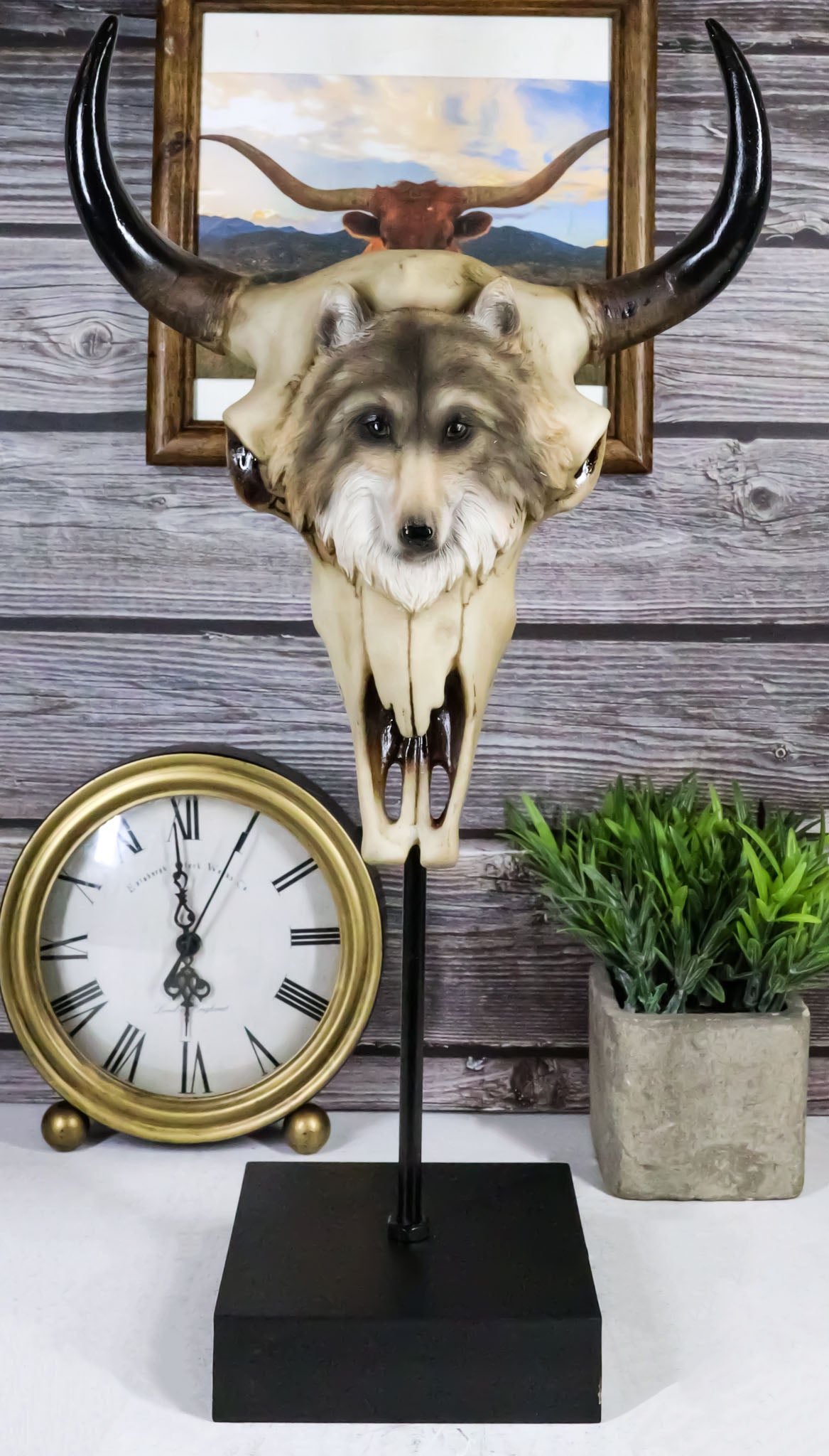Large Alpha Wolf Spirit Totem On Buffalo Bull Skull Stake Statue 17.5"Tall