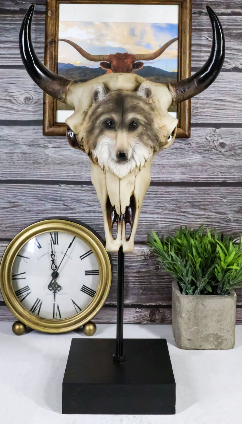 Large Alpha Wolf Spirit Totem On Buffalo Bull Skull Stake Statue 17.5"Tall