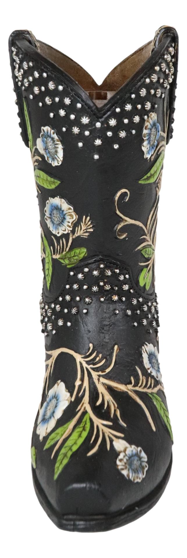 Western Cowboy Black Tooled Leather Floral Vines Cowboy Boot Pen Holder Vase