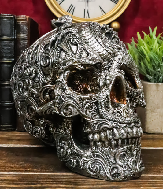 Ebros Flying Dragon On Tribal Le Fleur Floral Tattoo Skull Statue Halloween Decor - Ebros Gift