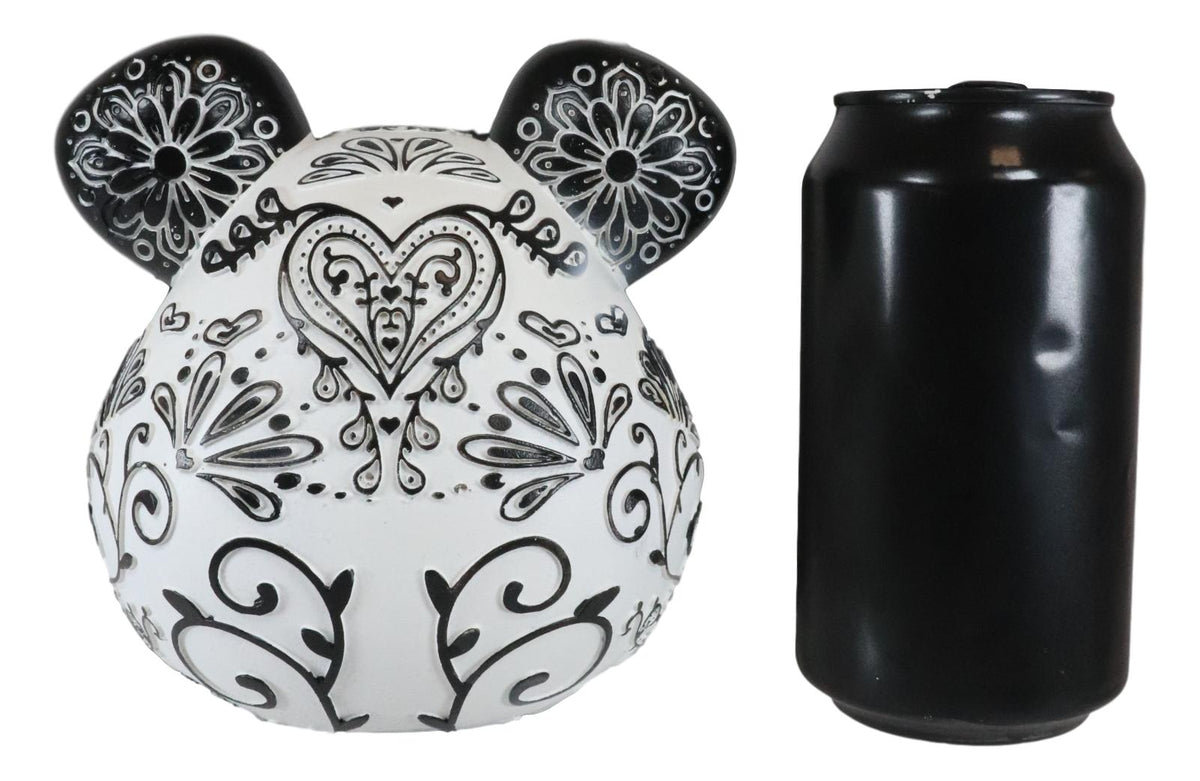 Ebros Black White Tattoo Tooled Floral Heart Panda Bear Head Day Of The Dead Figurine - Ebros Gift