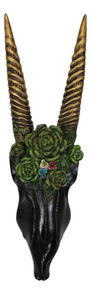 Western Rustic Black Rhim Gazelle Antelope Skull With Roses Wall Trophy Decor