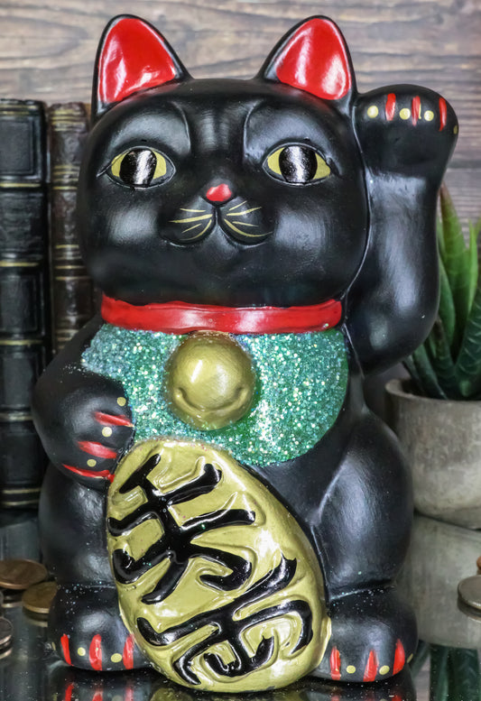 Japanese Luck Fortune Charm Black Beckoning Cat Maneki Neko Money Bank Statue