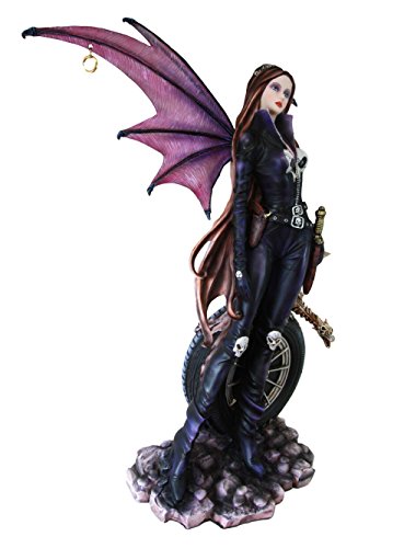 Ebros Large 22" Tall Goth Rocker Biker Skull Fairy With Pet Dragon Statue