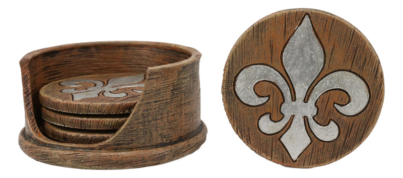 Rustic Western Tuscany Fleur De Lis Crown Coaster Holder & 4 Round Coasters Set