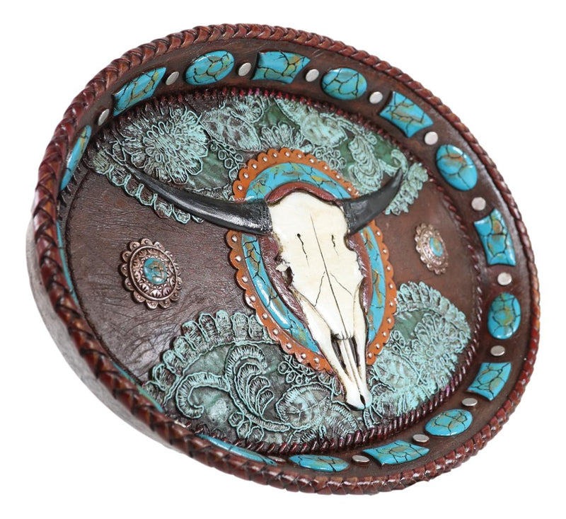 Western Rustic Cowboy Texas Longhorn Skull Turquoise Conchos Dish Tray 12"L