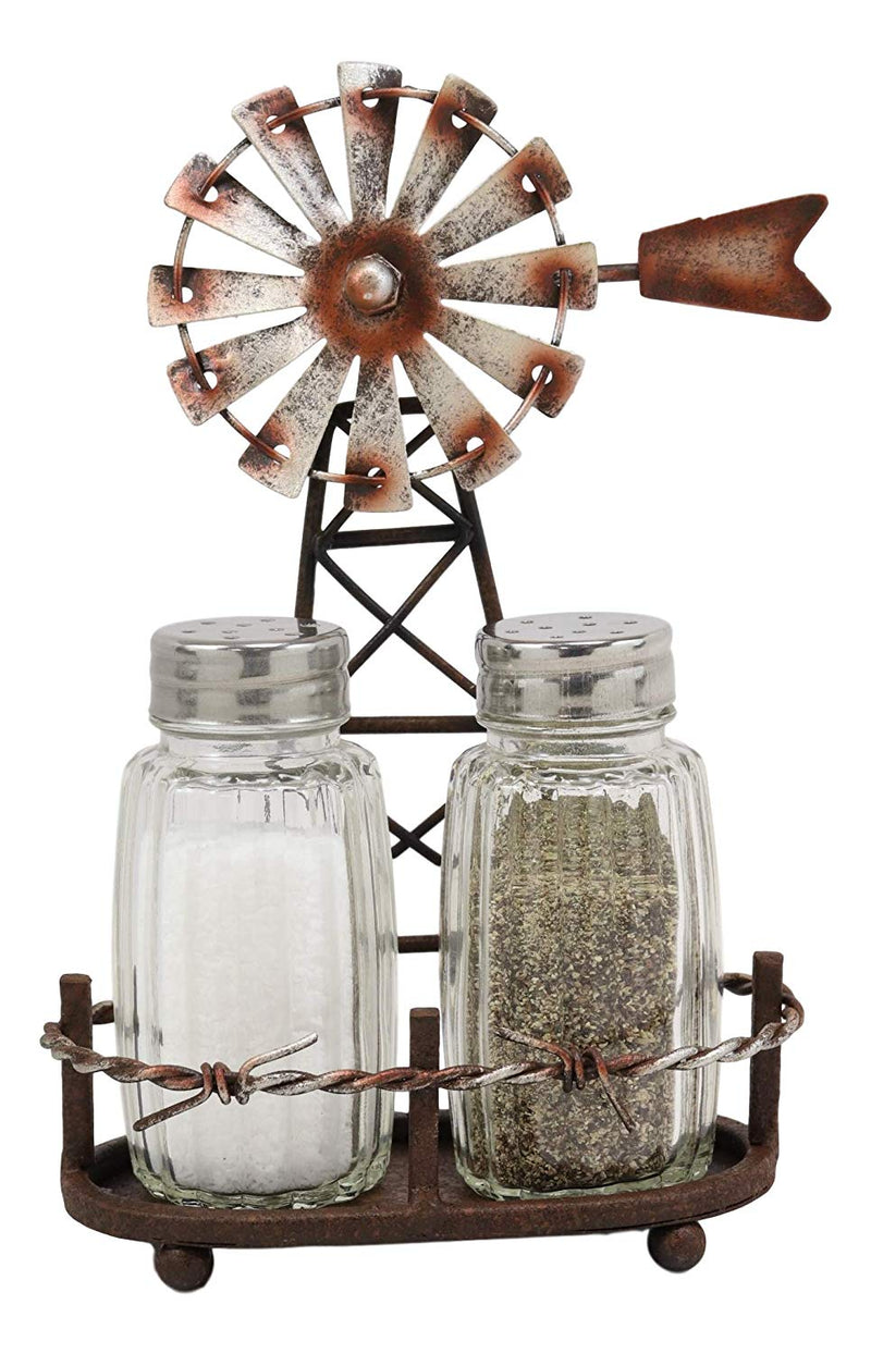 Ebros 6.5"H Rustic Country Farm Windmill Outpost Salt And Pepper Shakers Set