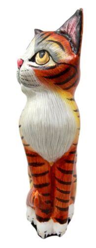 Balinese Wood Handicrafts Adorable Orange Tabby Feline Cat Purr Pet Figurine 8"H