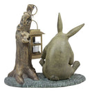 Aluminum Whimsical Bunny Rabbit Reading Book By Midnight Candle Lantern Statue