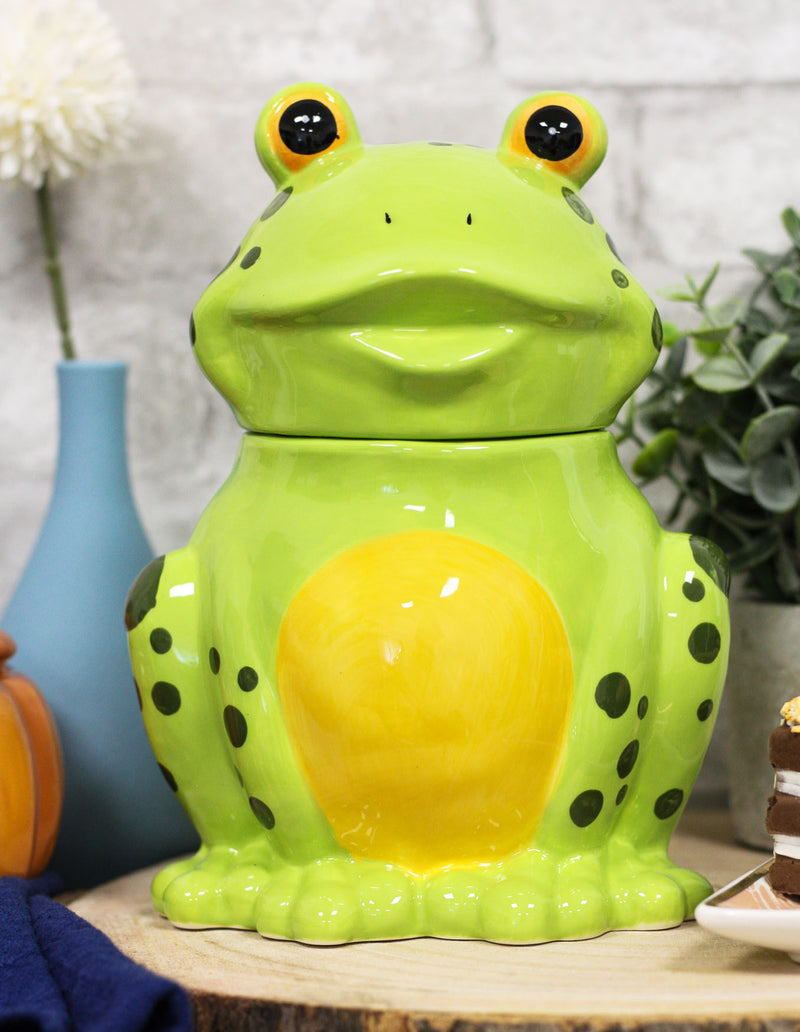Ebros Whimsical Smiling Green Spotted Frog Ceramic Cookie Jar Container Figurine 8"H