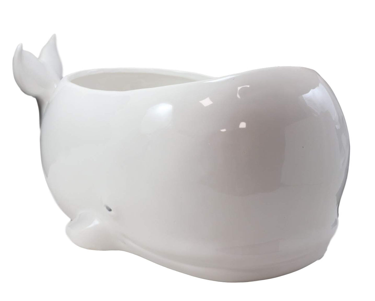 Ceramic White Nautical Sea Marine Sperm Whale Planter Pot Figurines Set Of 2