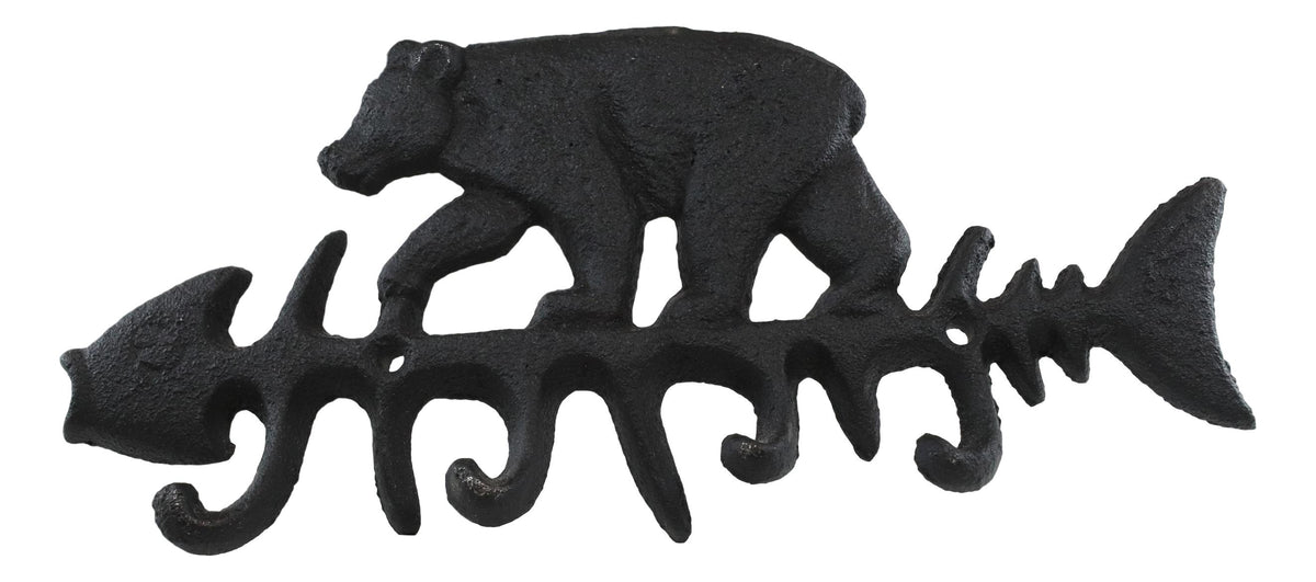 Cast Iron 9" Rustic Forest Black Bear On Fish Bone 4 Pegs Wall Hook Decor Plaque