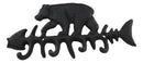Cast Iron 9" Rustic Forest Black Bear On Fish Bone 4 Pegs Wall Hook Decor Plaque
