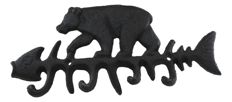Cast Iron 9" Rustic Forest Black Bear On Fish Bone 4 Pegs Wall Hook Decor Plaque