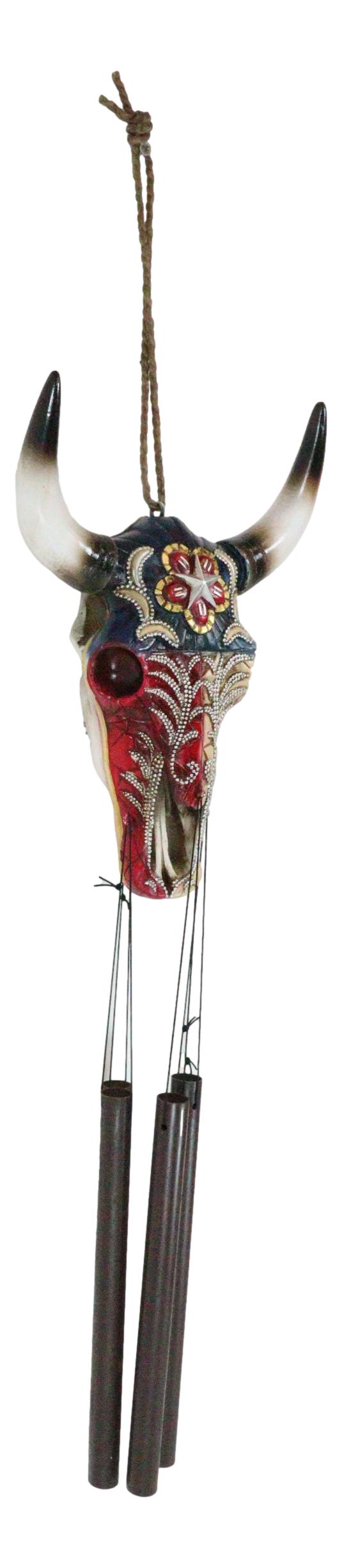 Rustic Western Star Colorful Texas Flag Floral Pattern Bull Cow Skull Wind Chime - Ebros Gift