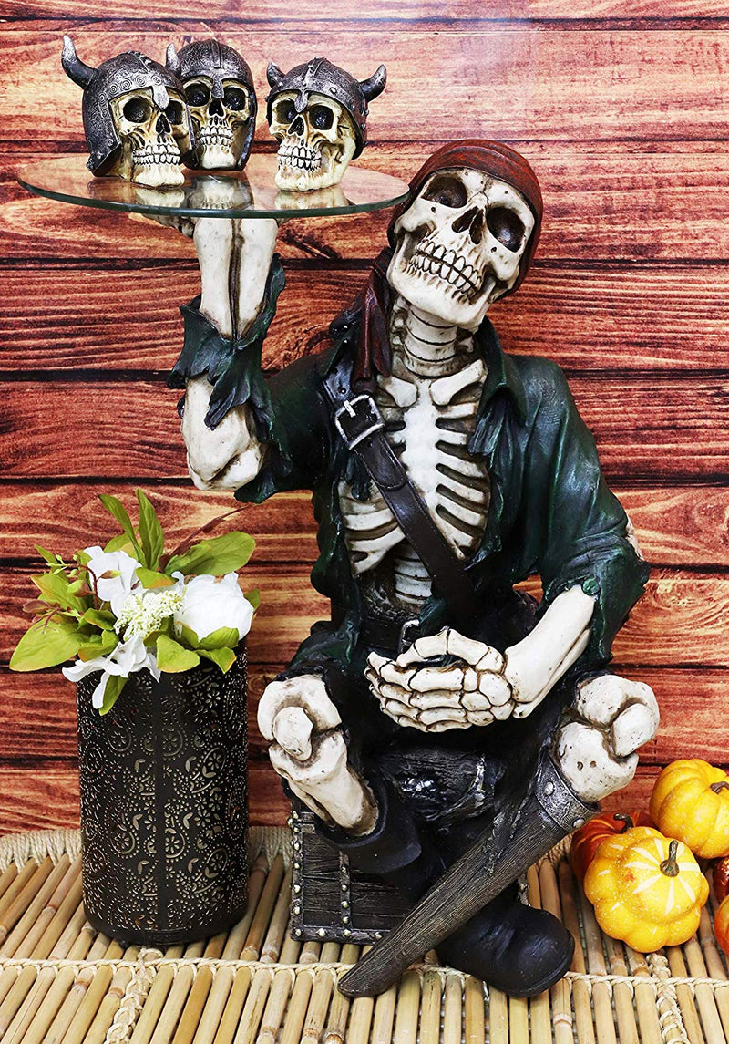 Skeleton Pirate Buccaneer Sitting On Treasure Box Side Table And Wine Holder