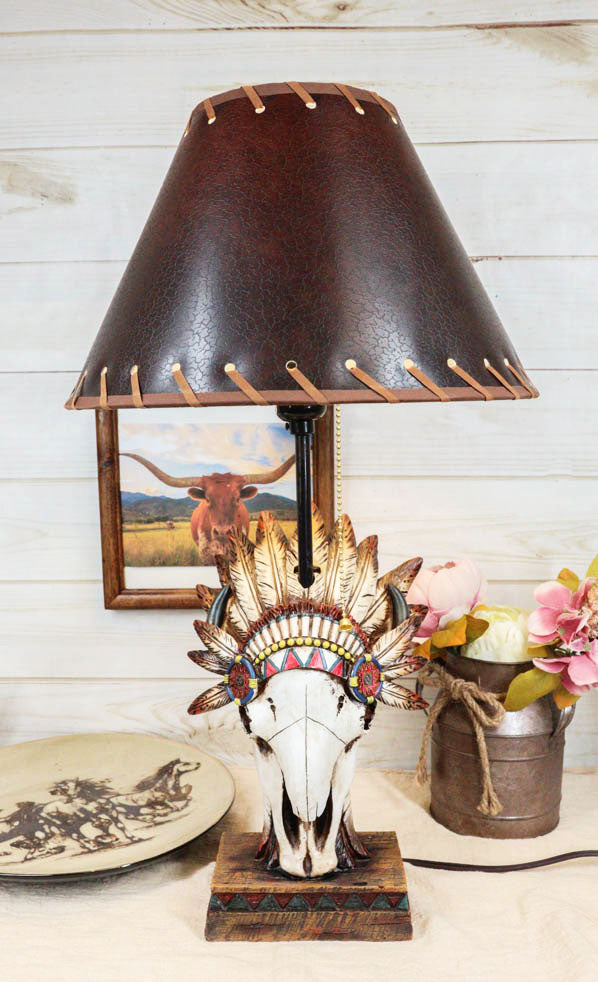 Western Cow Skull with Tribal Indian Chief Feathers Roach Headdress Table Lamp