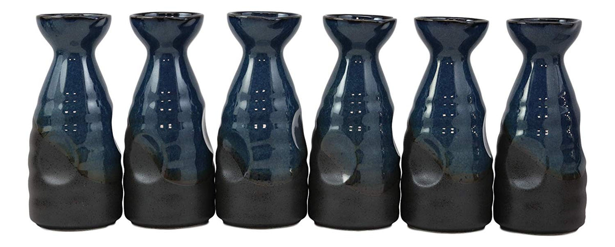 Glazed Ceramic Blue And Black Japanese Wine Sake Tokkuri Flask Pack of 6 Flasks