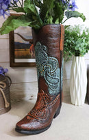 Western Boho Chic Turquoise Floral Lace Tooled Leather Cowboy Boot Flower Vase