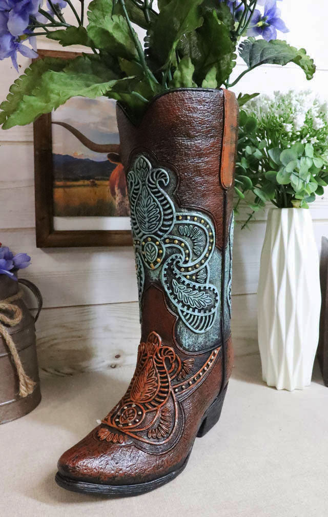 Western Boho Chic Turquoise Floral Lace Tooled Leather Cowboy Boot Flower Vase