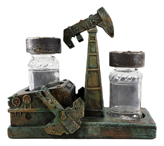 Rustic Vintage Oil Derrick Rig Pump Glass Salt And Pepper Shakers Holder Decor - Ebros Gift