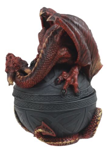 Celtic Red Dragon Egg Box 6.5"Tall Mythical Guardian Dragon Figurine Jewelry Box - Ebros Gift