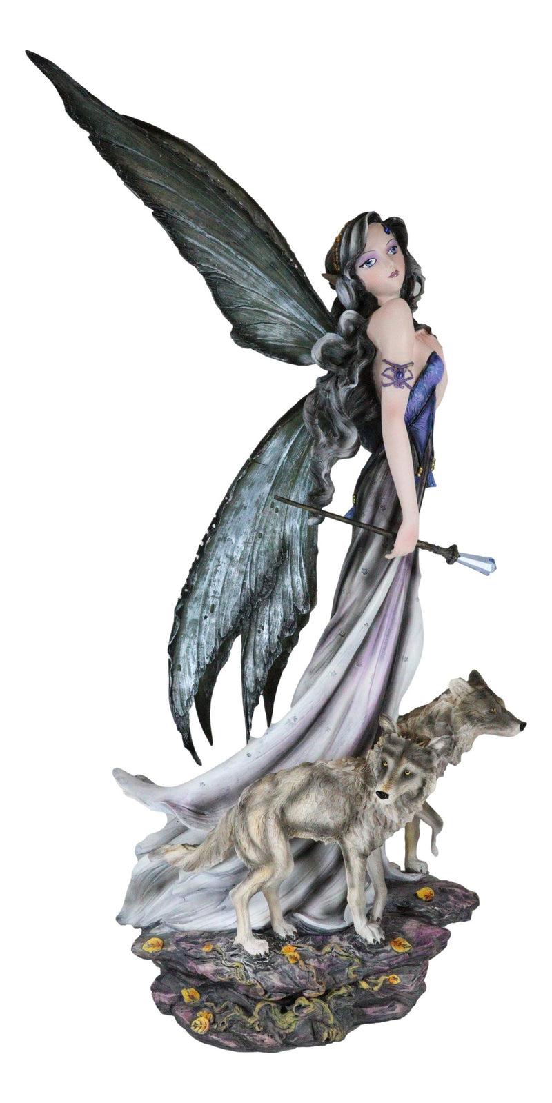 Large 23"Tall Crystal Orb Torch Fairy Running With Wolves Decorative Statue