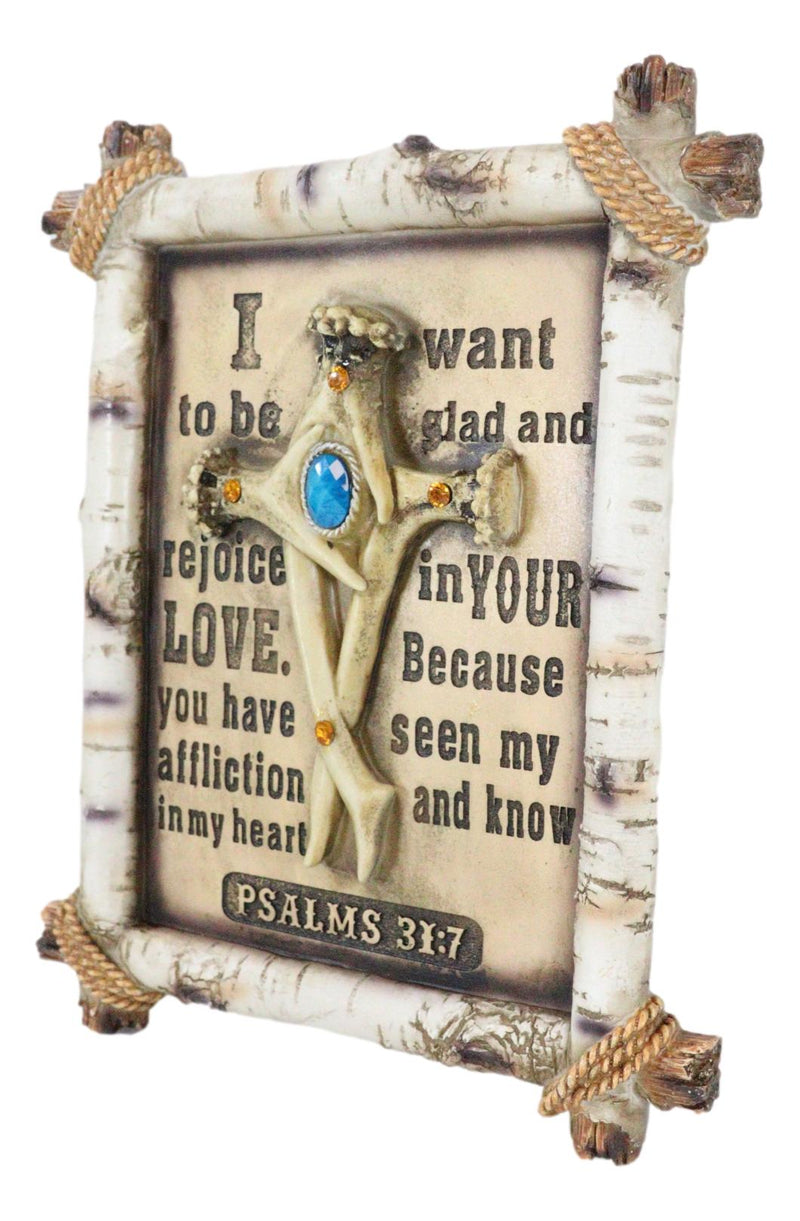 Rustic Faux Birchwood Turquoise Deer Antlers Cross Bible Verse Wall Decor Plaque
