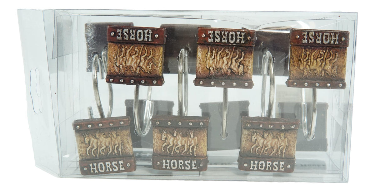 Rustic Running Horses On Faux Tooled Leather Bathroom Shower Curtain Hooks 12pk
