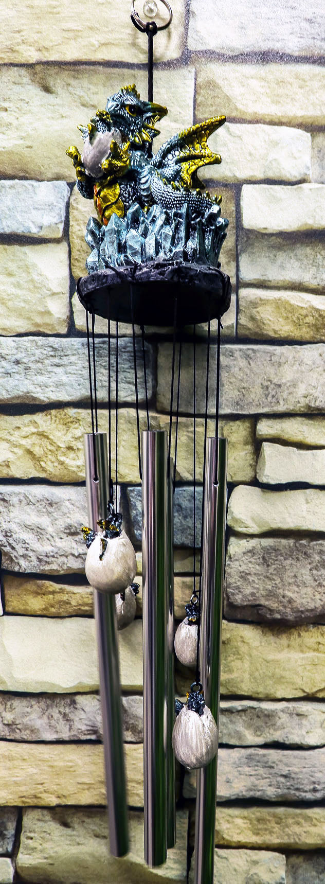 Ebros Medieval Blue Dragon Egg Hatchling Standing On Crystal Rocks Wind Chime