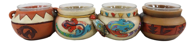 Southwest Pueblo Aztec Symbols Jars 4 Votive Tea Light Candles Holder Sculpture