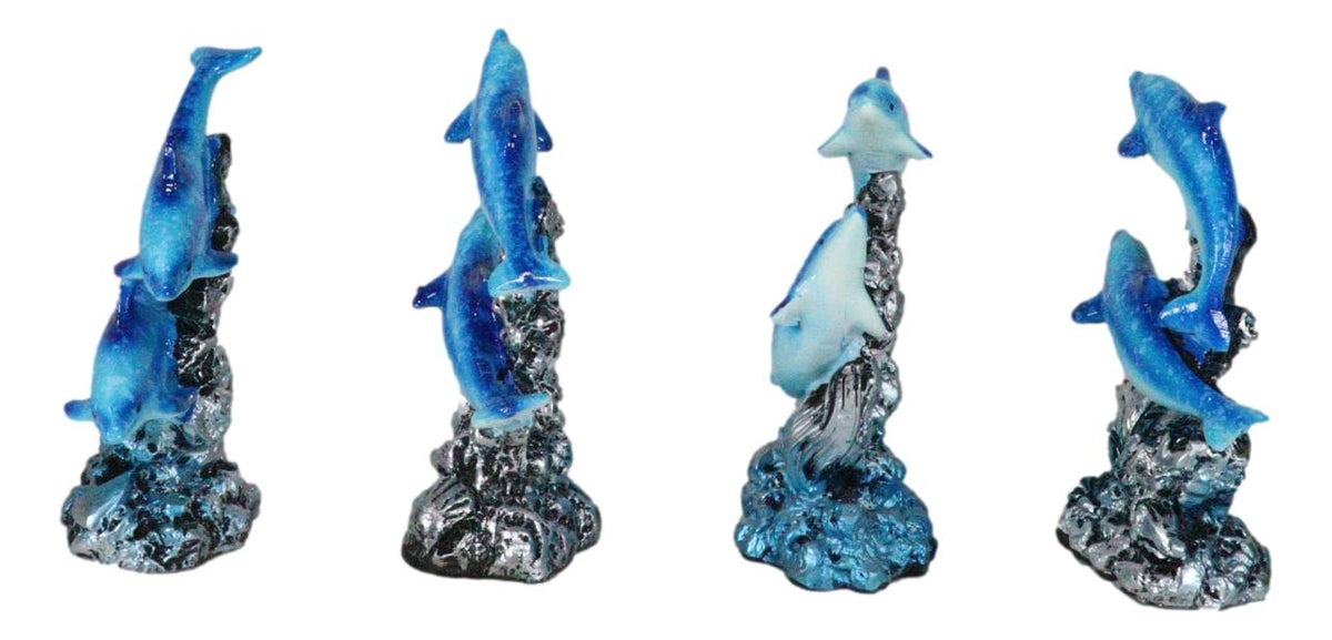 Pack Of 4 Marine Sea Blue Dolphins Swimming By Waves And Coral Reef Figurines - Ebros Gift