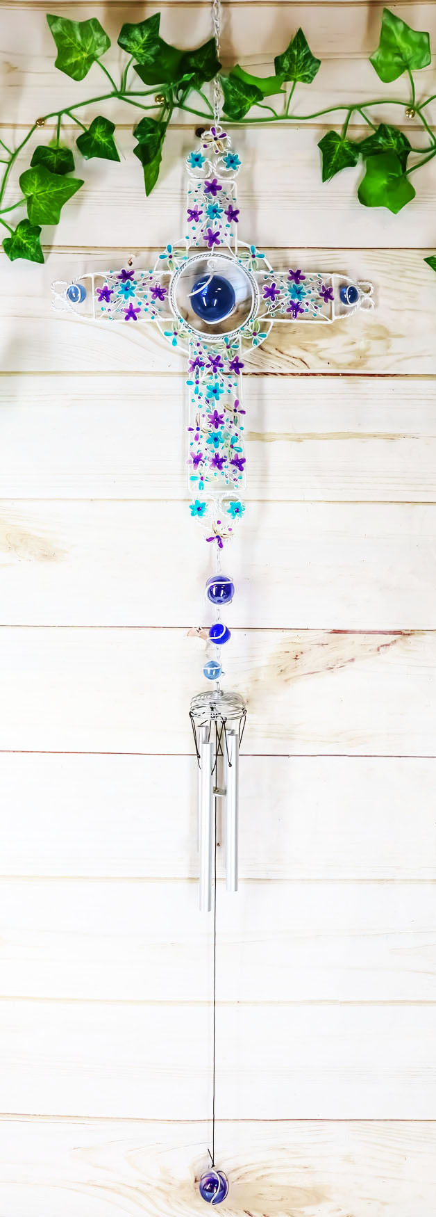 Amazing Grace Floral Cross With Gemstones Resonant Relaxing Wind Chime 40" Long