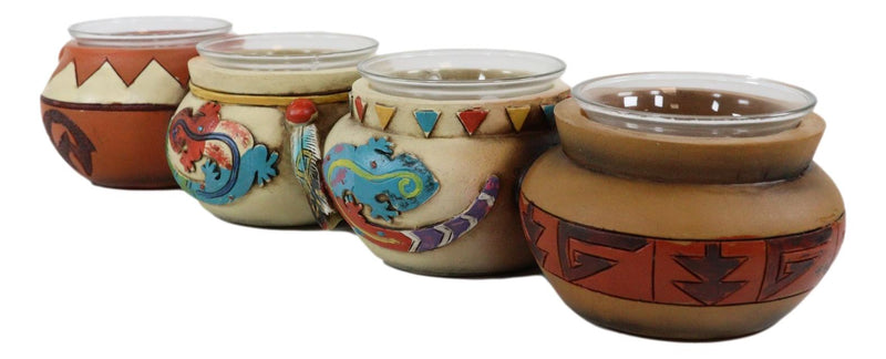 Southwest Pueblo Aztec Symbols Jars 4 Votive Tea Light Candles Holder Sculpture