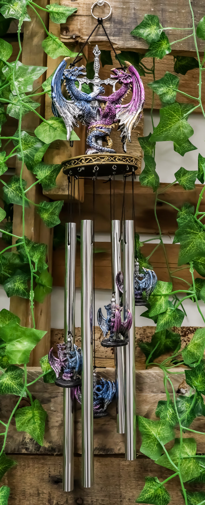 Yin Yang Day and Night Twin Dragons Excalibur Sword Wind Chime Home Patio Decor - Ebros Gift